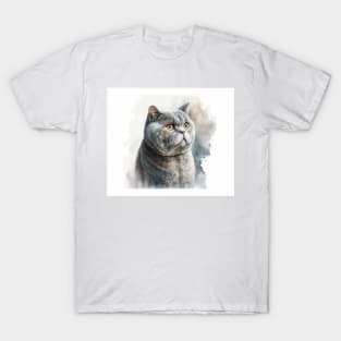 British Shorthair Cat Watercolour Painting T-Shirt